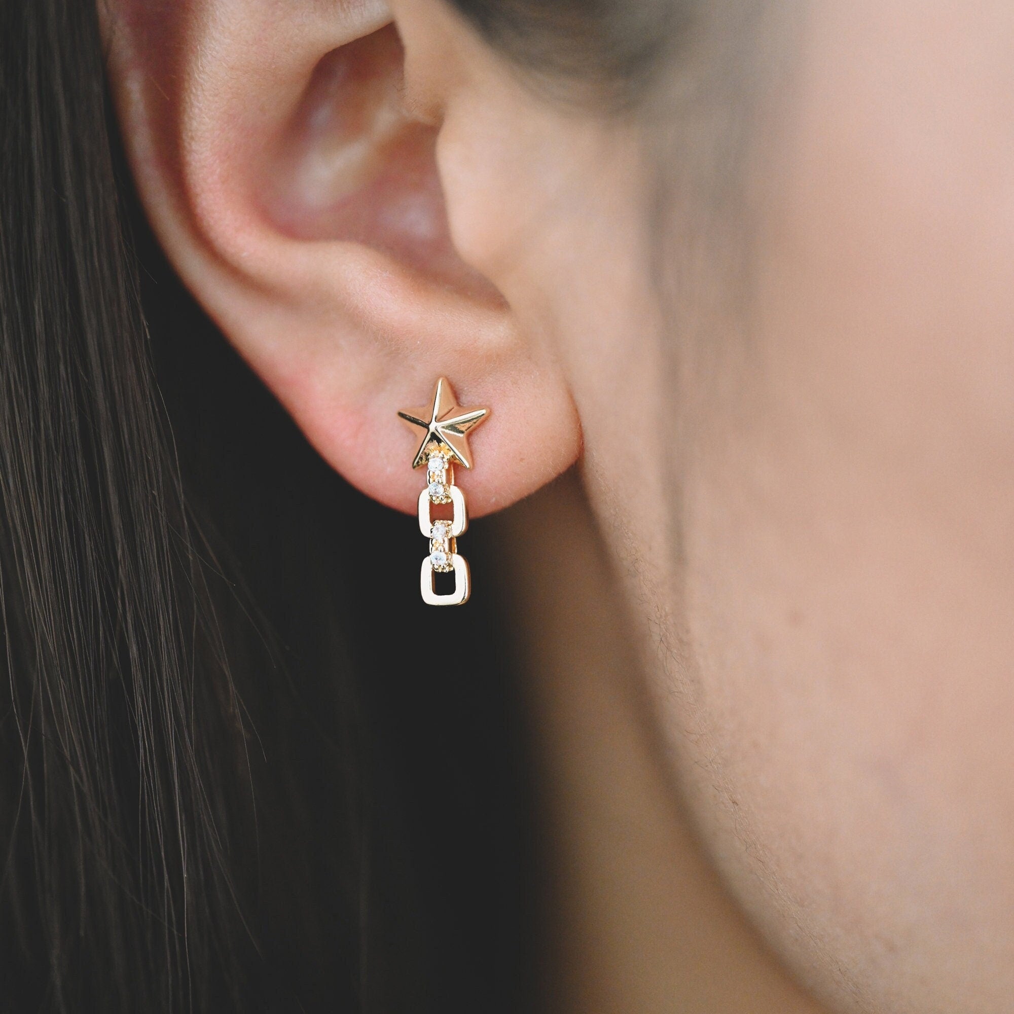 10pcs Star Chain Earring, 18x8mm, Gold Plated Brass Stud Earrings (#GB-1869)