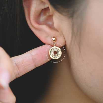 4pcs CZ Pave Gold Chinese Coin Charm 12mm, Real Gold plated Brass, Round Coin Disk Pendants (GB-3464-F)