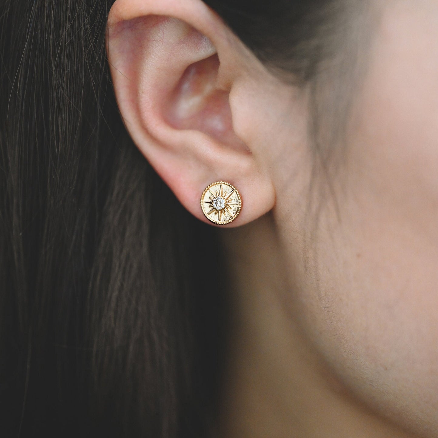 10pcs Gold Star Disc Ear Post with Loop, 10mm, 18K Gold plated Brass, CZ pave Stud Earring Components (GB-1901)