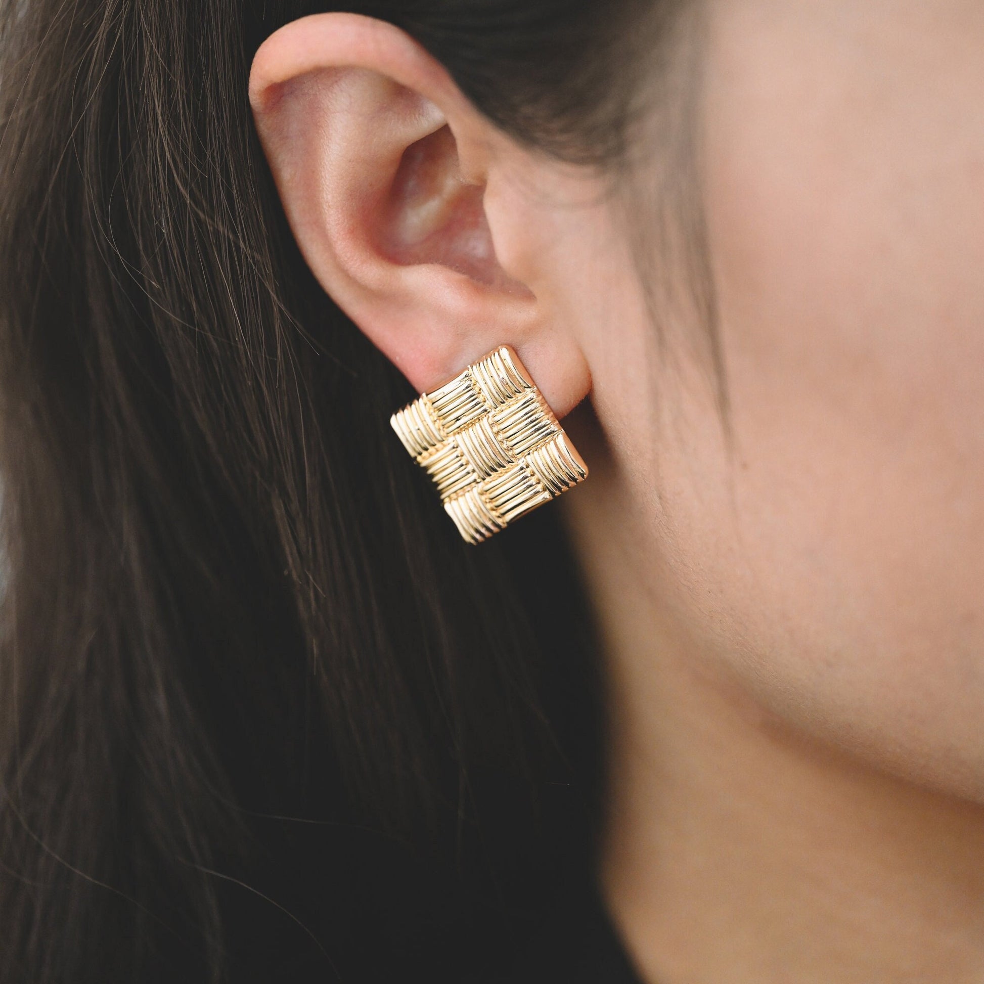 10pcs Gold Square Earring With Loop, 26mm, Real Gold Plated Brass Geometric Earring Studs (GB-1929)