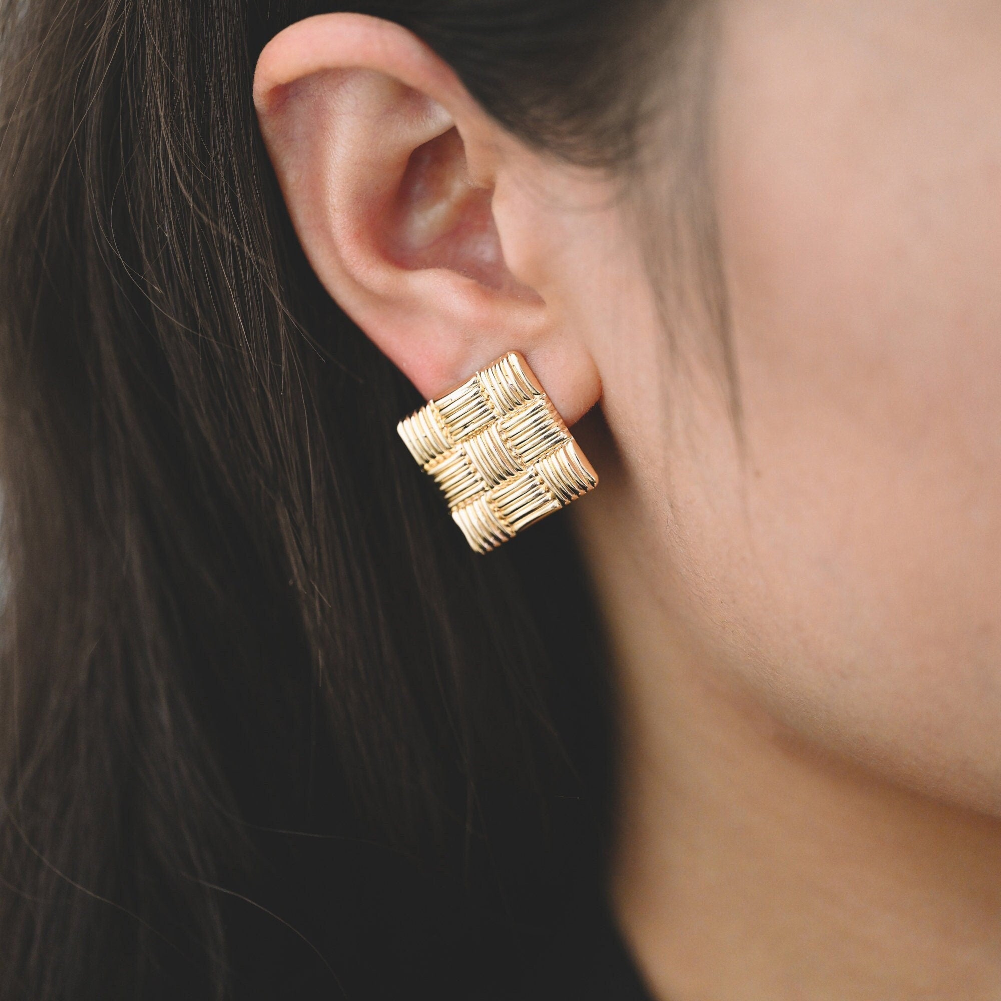 10pcs Gold Square Earring With Loop, 26mm, Real Gold Plated Brass Geometric Earring Studs (GB-1929)
