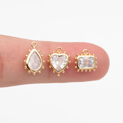 10pcs CZ Pave Teardrop/ Heart/ Rectangle/ 0val/ Marquise Charms, Gold plated Brass, Geometric Earring Charms (GB-4122)
