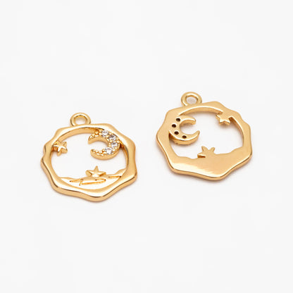4pcs CZ Pave Gold Moon Star Charms 16x14mm, Jewelry Making, Diy Material, Jewelry Supplies (GB-2433-I)