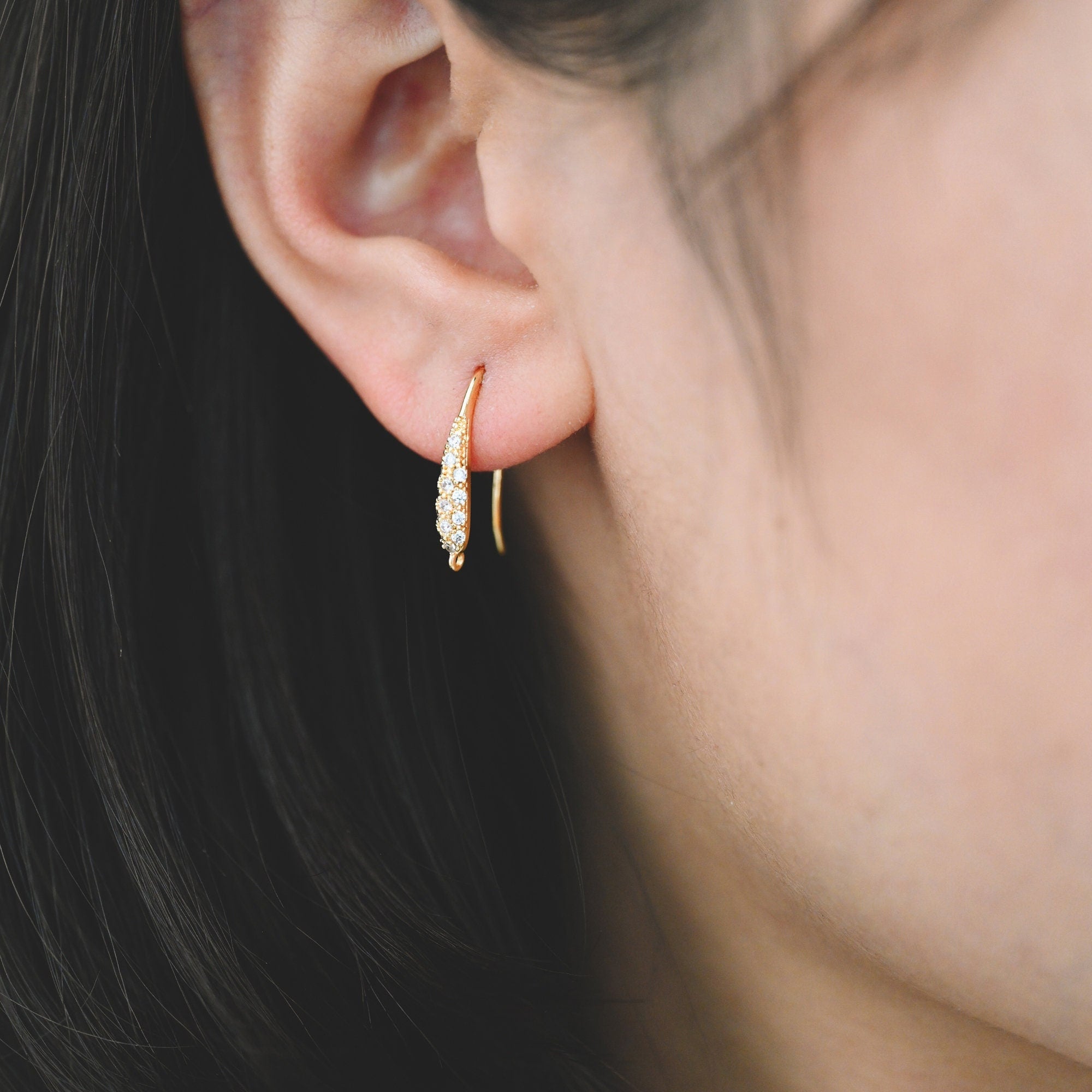 10pcs CZ Pave Gold Earring Hook with Loop, 19x9mm, 18K Gold plated Brass Earwires, Shiny Earring Components Wholesale (GB-1447)
