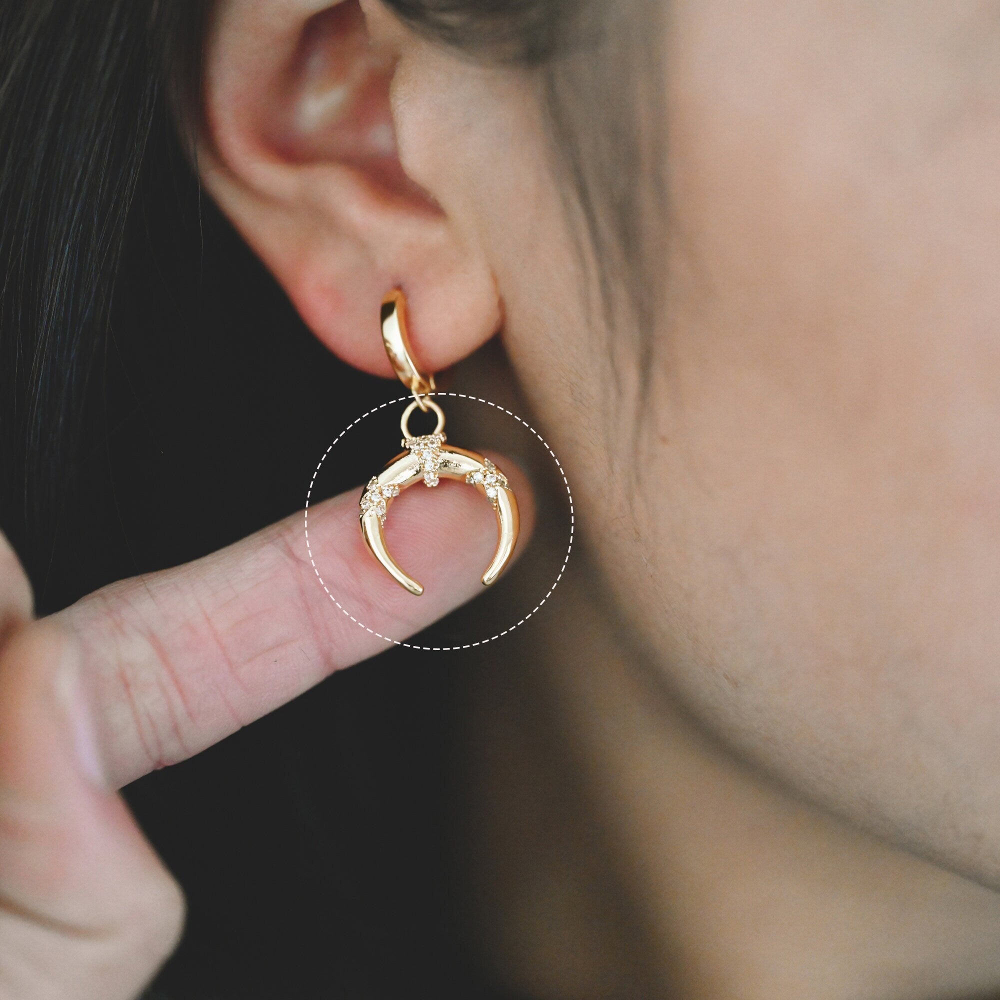 4pcs CZ pave Gold Crescent Moon Charm 16x20mm, 18K Gold plated Brass, OX Horn Pendant (GB-2394-C1)