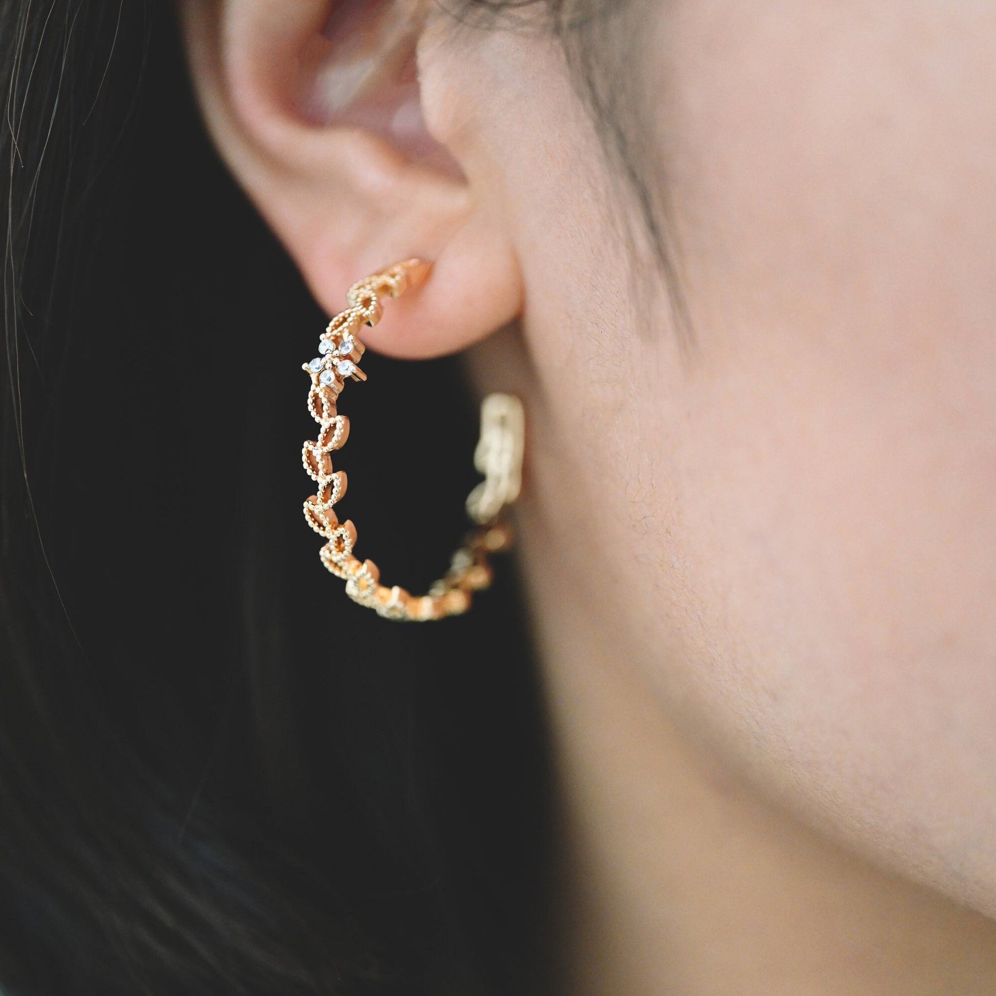 4pcs CZ Pave Dainty Gold Leaf Flower Hoop Earrings, Gold Hoop Earring, 34mm Circle Leaf Earring (GB-2003)