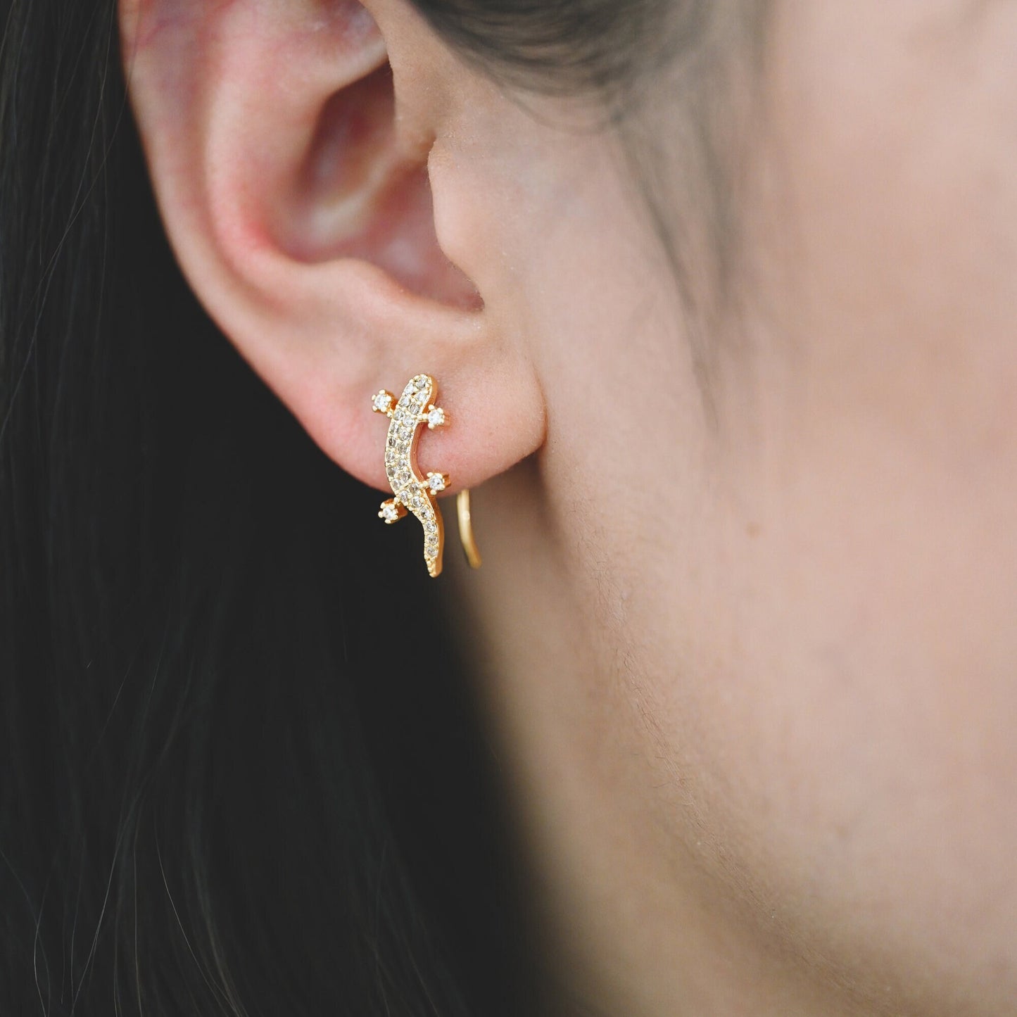 4pcs CZ Pave Gold Gecko Climber Earrings, 18K Gold plated Brass, Lizard Crawler Earrings (GB-4131)