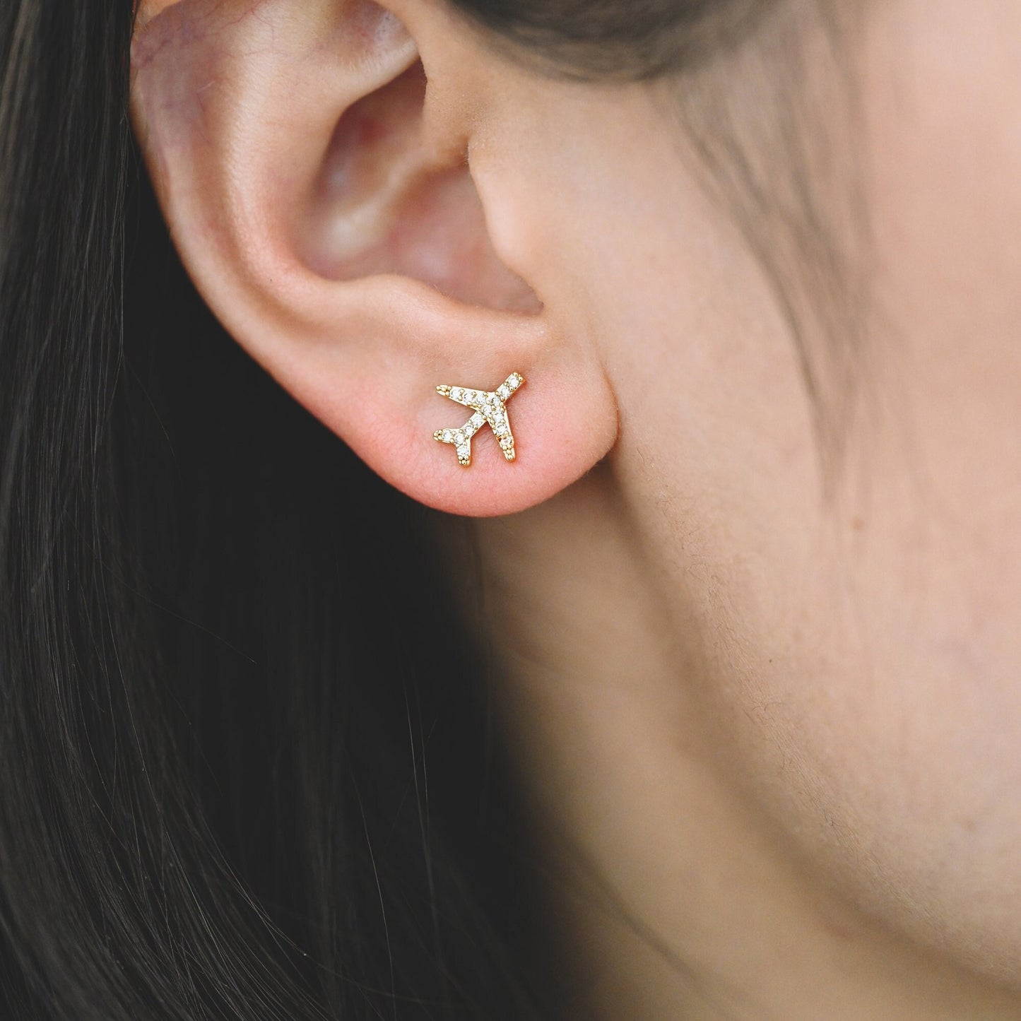 10pcs Airplane Stud Earrings, 9mm, CZ Pave Gold Plane Ear Posts (#GB-1483)