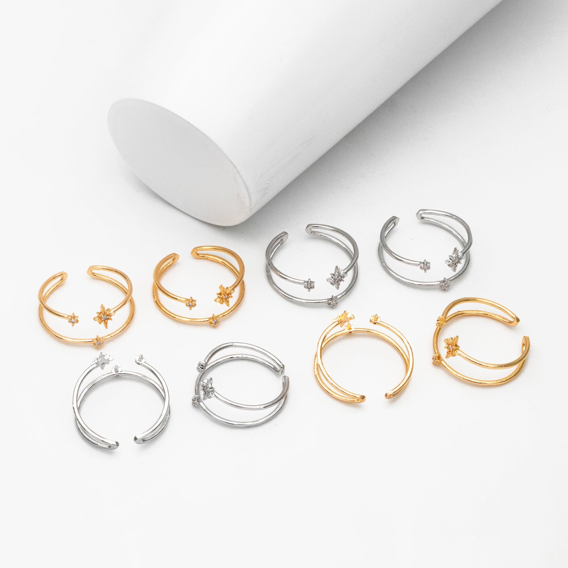 4pcs CZ Pave North Star Ring: 18K Gold Plated Double Band, Adjustable (GB-4175)