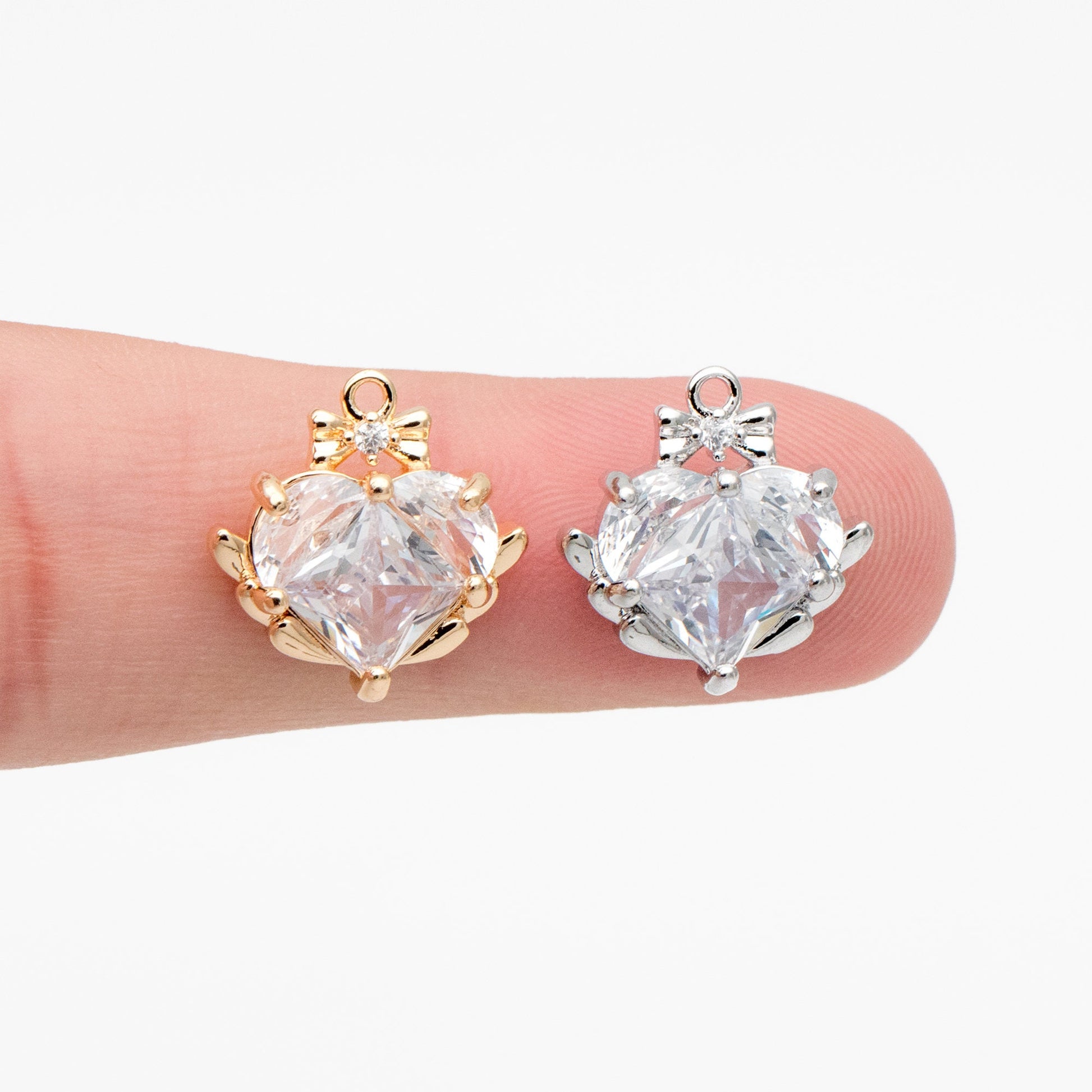 4pcs CZ Pave Gold/ Silver Heart Charms 14mm, 18K Real Gold/ Rhodium plated Brass, Dainty Earring Pendants (GB-2782-N)