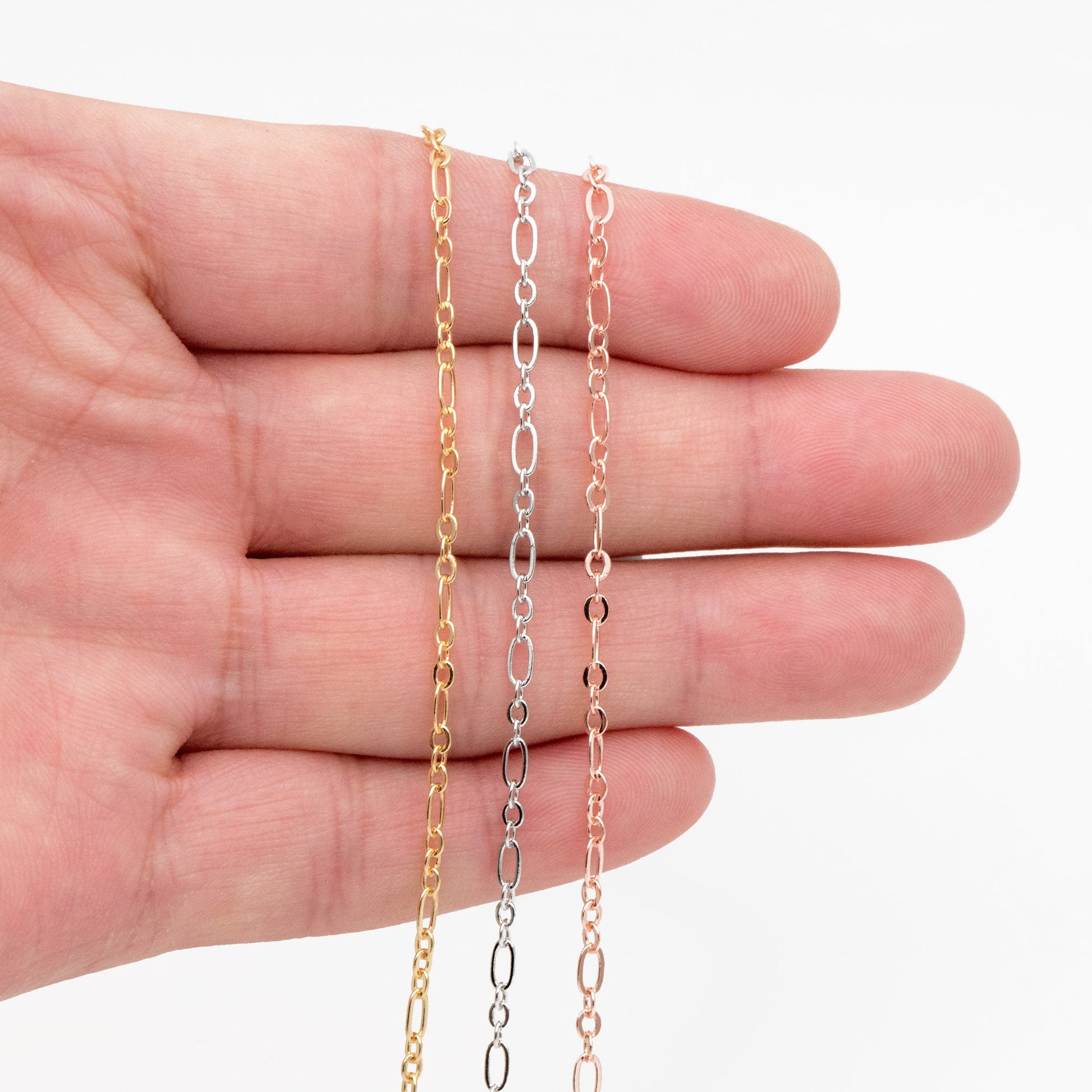 Gold/ rhodium/ Rose Gold plated Brass Oval Cable Chains 2.4mm, Figaro Chain Supplies Wholesale (#LK-285)/ 1 Meter=3.3 ft