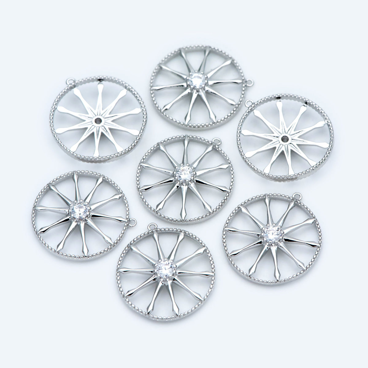 10pcs Gold / Rhodium plated Brass Round Wheel Charm 17mm, CZ pave Wheel Pendant (GB-1591)