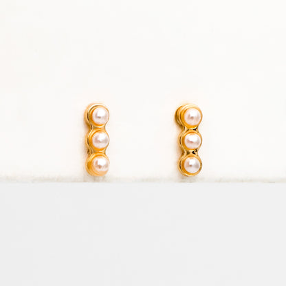 10pcs Faux Pearl Pave Gold Bar Earrings, Real Gold plated Brass Minimalist Stud Earrings (GB-4059)