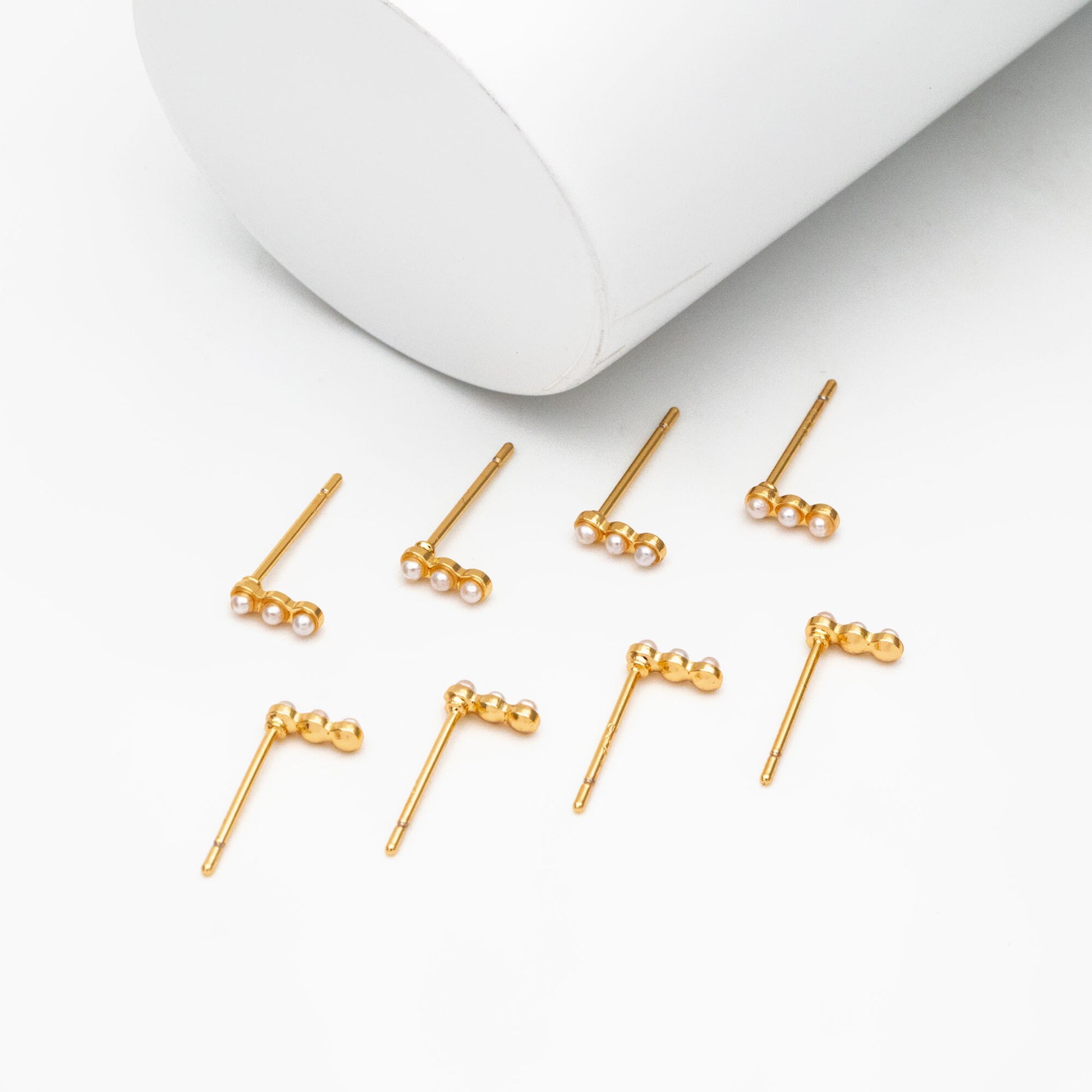 10pcs Faux Pearl Pave Gold Bar Earrings, Real Gold plated Brass Minimalist Stud Earrings (GB-4059)