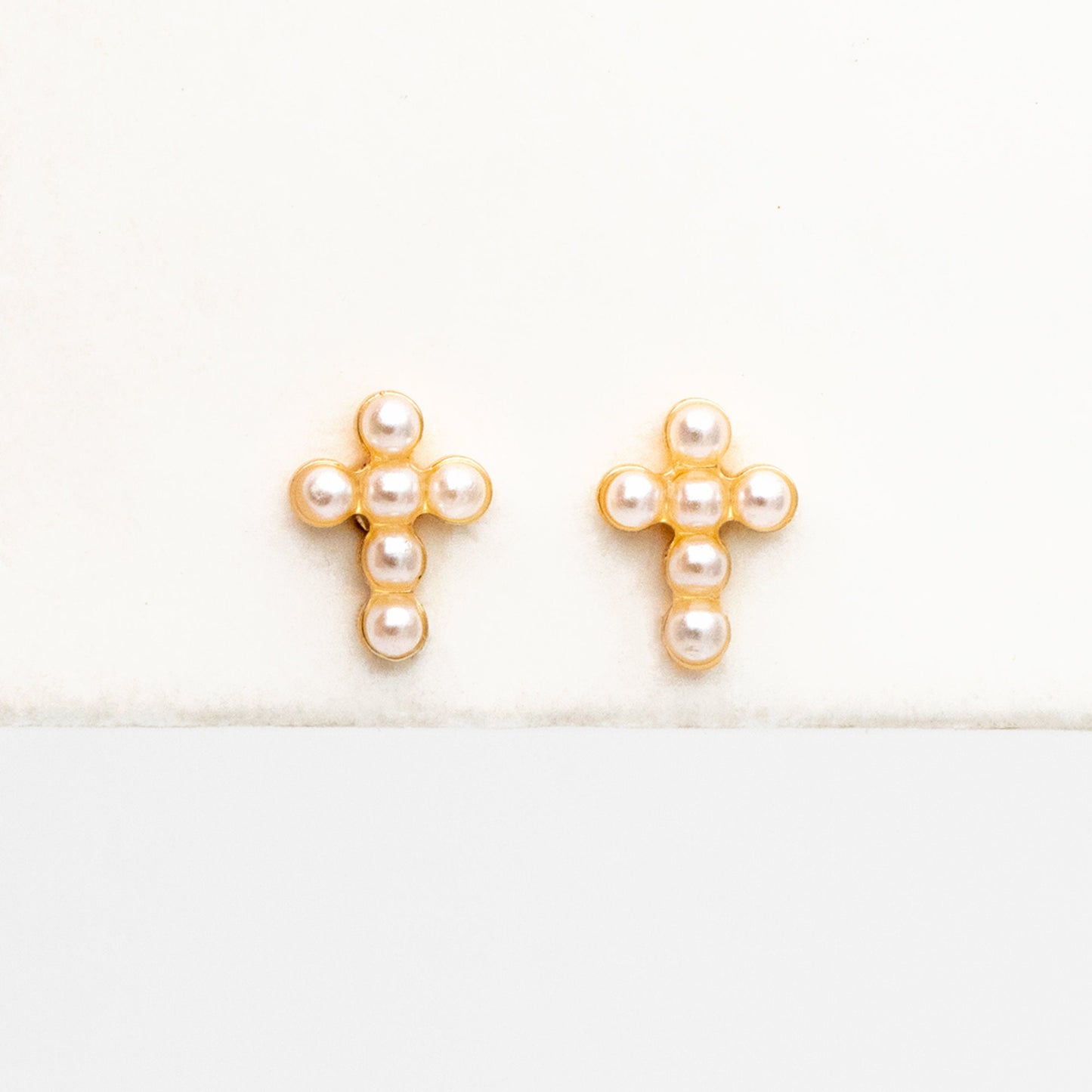 10pcs Faux Pearl Pave Gold Cross Earrings, Gold Plated Brass Small Cross Stud Earring (#GB-4063)