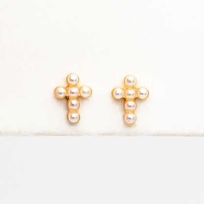 10pcs Faux Pearl Pave Gold Cross Earrings, Gold Plated Brass Small Cross Stud Earring (#GB-4063)