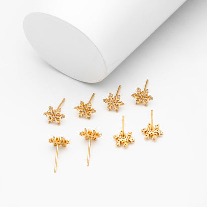 10pcs CZ Pave Gold/ Silver Snowflake Earrings, Gold/ Rhodium plated Brass, Dainty Christmas Earrings (GB-4151)