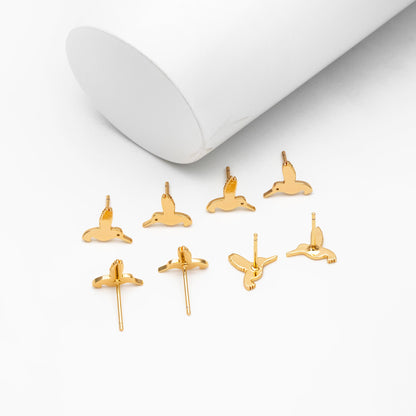 10pcs Gold Hummingbird Earrings 10x10mm, Gold Plated Brass, Minimalist Bird Stud Earrings (GB-4153)