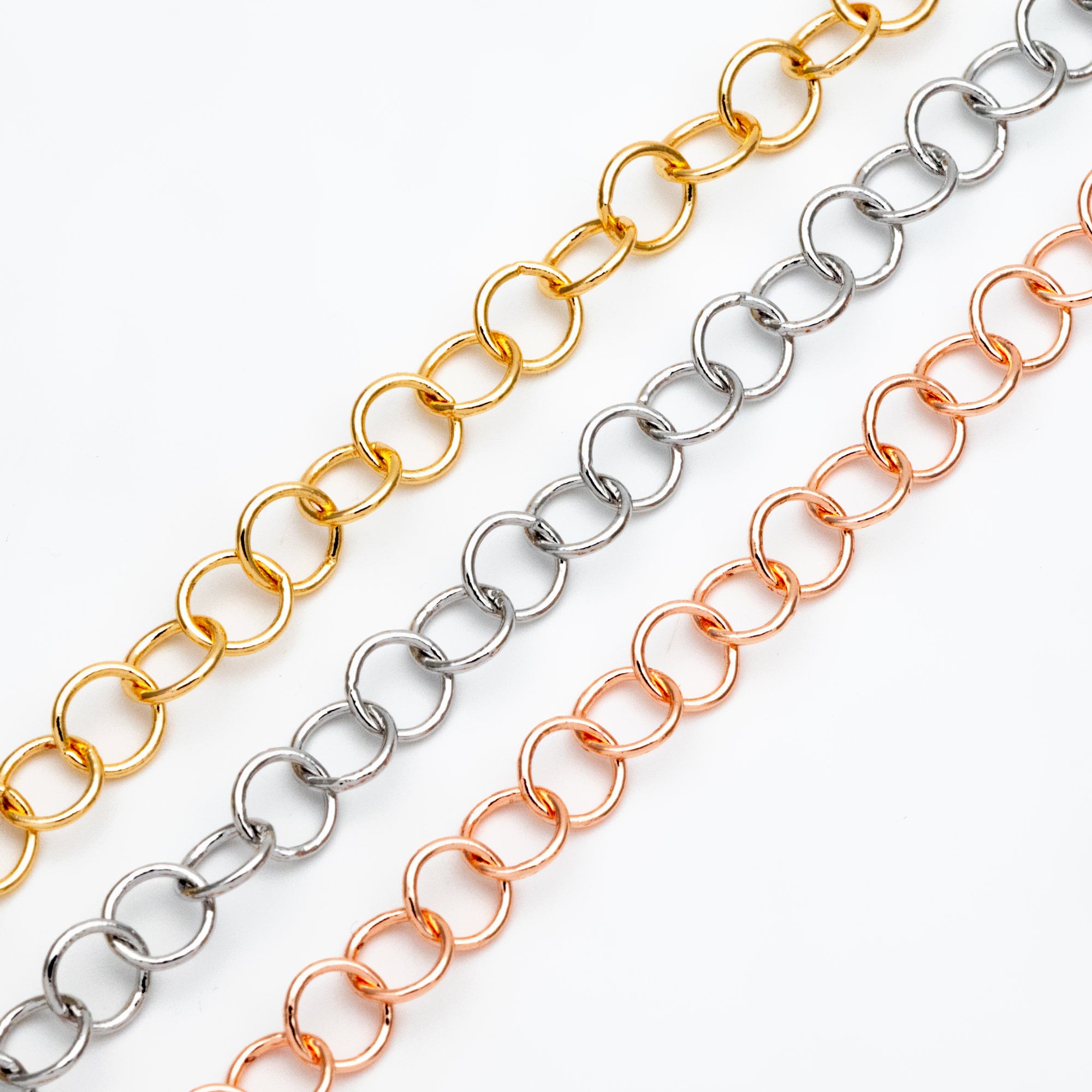 Gold/ Silver/ Rose Gold Round Loop Chain 8mm, 18K Real Gold/ Rhodium plated Brass, Circle Link Chains (#LK-413)/ 1 Meter=3.3ft