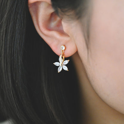 4pcs CZ Pave Flower Ear Posts 14x22mm, Real Gold Plated Brass Stud Earrings (#GB-1494)