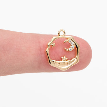 4pcs CZ Pave Gold Moon Star Charms 16x14mm, Jewelry Making, Diy Material, Jewelry Supplies (GB-2433-I)