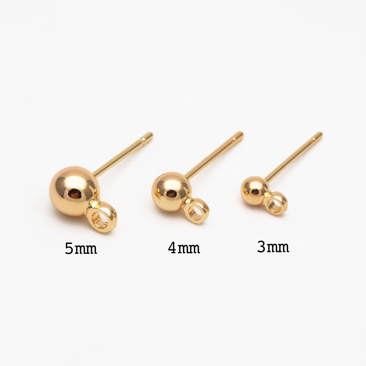 20pcs Gold/ Rhodium plated Brass Stud Earring, Ball Ear Posts with Ring/ Loop, 3/ 4/ 5/ 8mm Ball Size (GB-136)