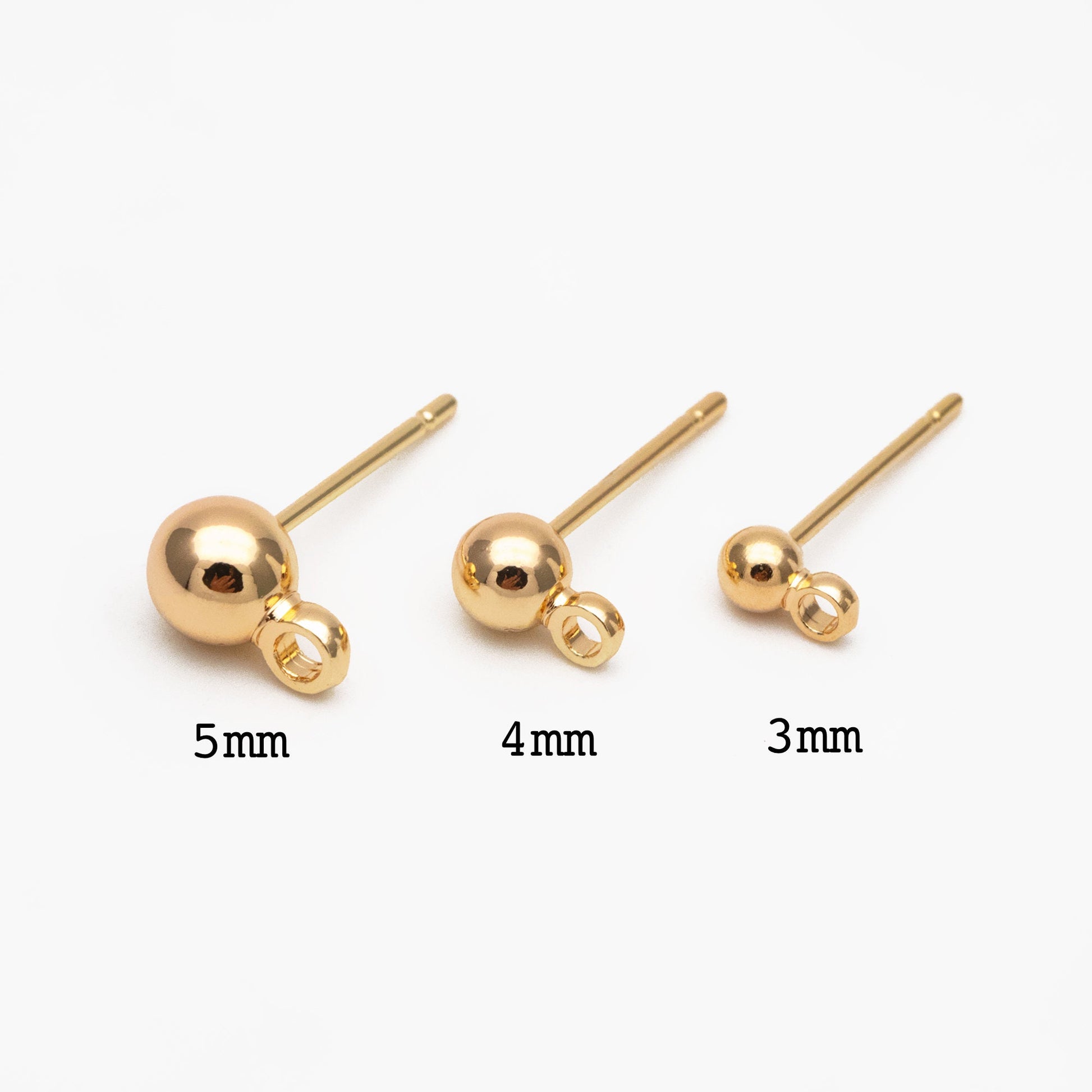 20pcs Gold/ Rhodium plated Brass Stud Earring, Ball Ear Posts with Ring/ Loop, 3/ 4/ 5/ 8mm Ball Size (GB-136)