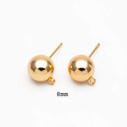20pcs Gold/ Rhodium plated Brass Stud Earring, Ball Ear Posts with Ring/ Loop, 3/ 4/ 5/ 8mm Ball Size (GB-136)