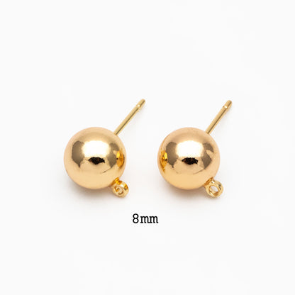 20pcs Gold/ Rhodium plated Brass Stud Earring, Ball Ear Posts with Ring/ Loop, 3/ 4/ 5/ 8mm Ball Size (GB-136)