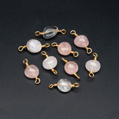 10pcs Gold Pink Quartz Gemstone Connector, 18K Gold Wire Beaded Charms, Diy Material Findings (GB-4134)