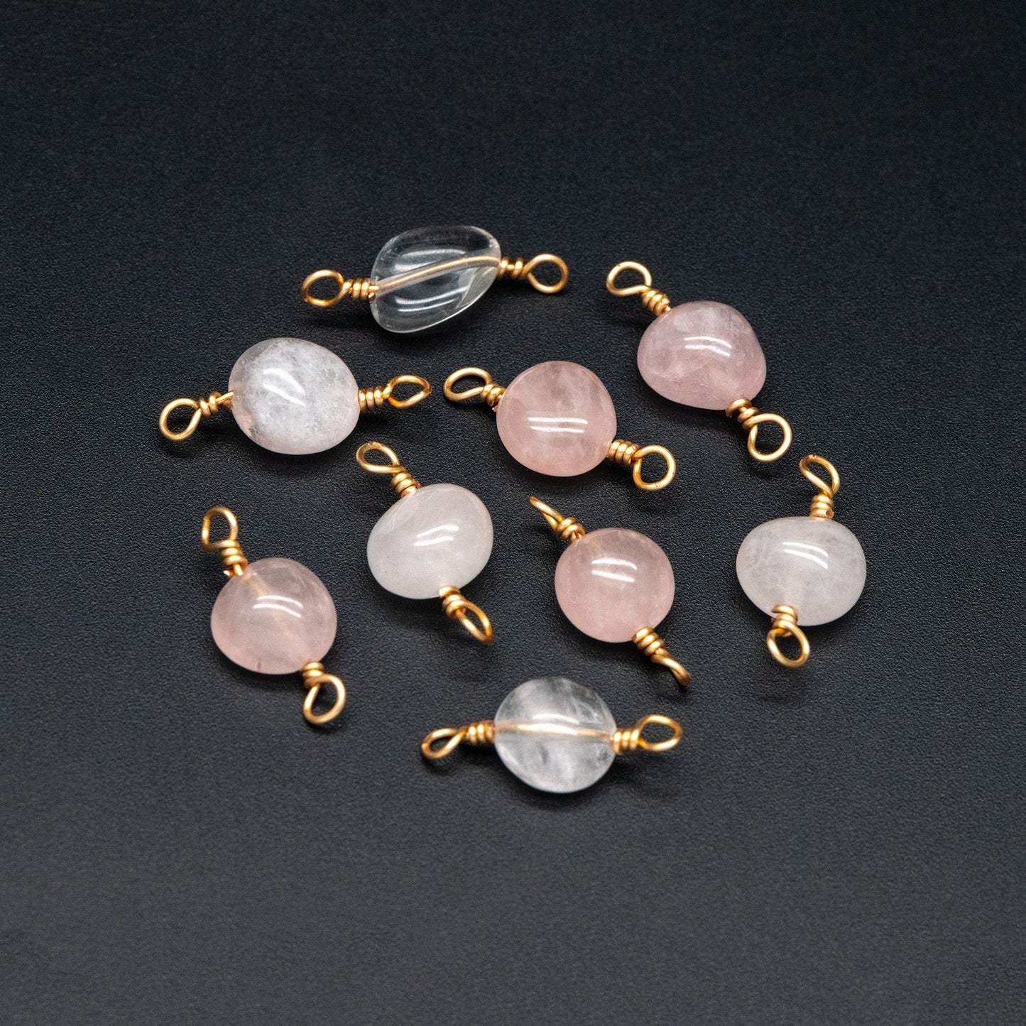 10pcs Gold Pink Quartz Gemstone Connector, 18K Gold Wire Beaded Charms, Diy Material Findings (GB-4134)