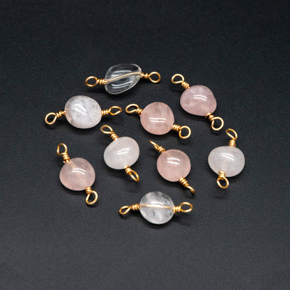 10pcs Gold Pink Quartz Gemstone Connector, 18K Gold Wire Beaded Charms, Diy Material Findings (GB-4134)
