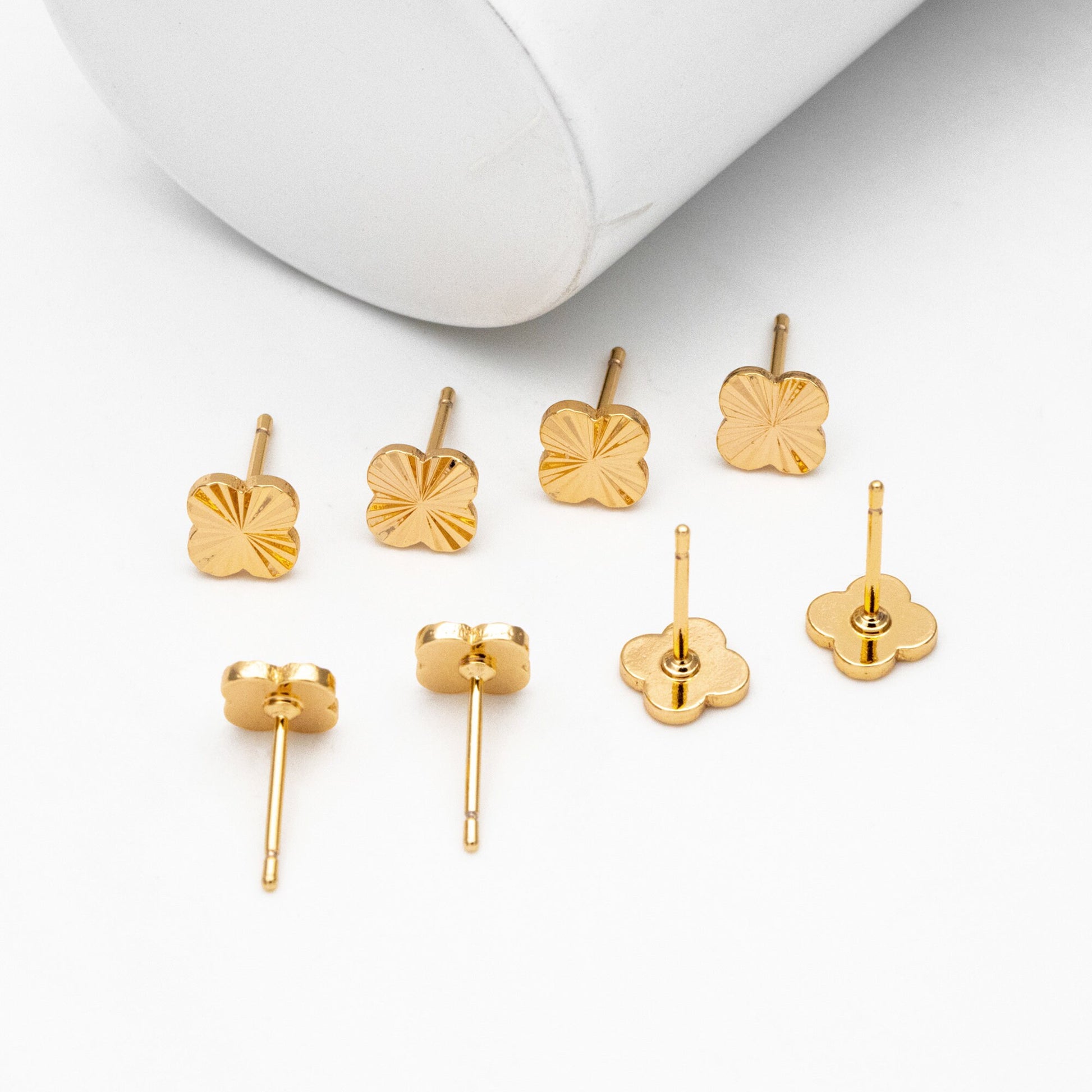 10pcs Gold Clover Earrings 7mm, Gold Plated Brass, Four Leaf Clover Stud Earrings (GB-4162)