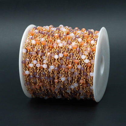 Glass Rondelle Bead Chain 3.5mm, 18K Gold plated on Brass Beaded Chains, Multi Colors Crystal (#LK-599)/ 1 Meter=3.3ft