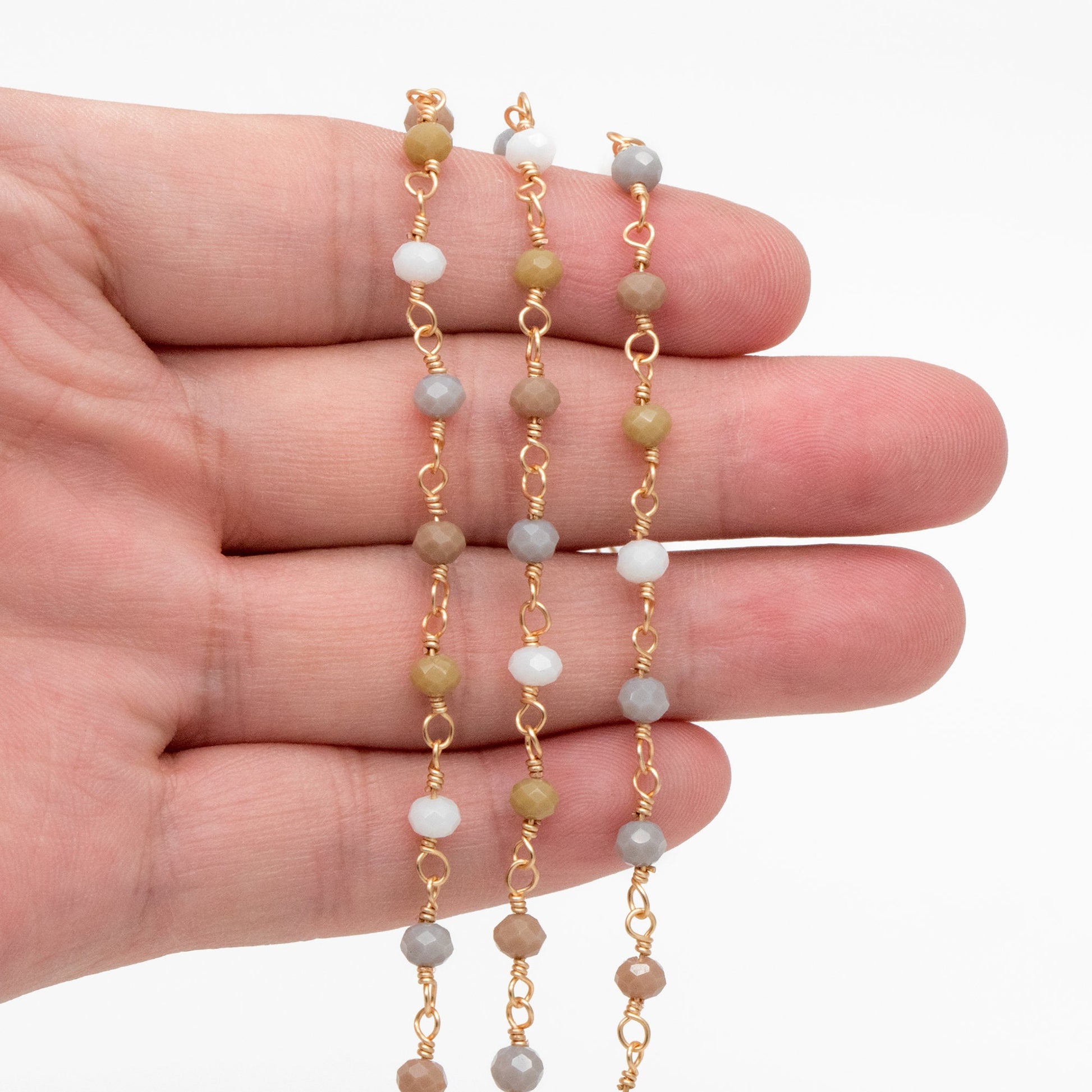 Glass Rondelle Bead Chain 3.5mm, 18K Gold plated on Brass Beaded Chains, Multi Colors Crystal (#LK-601)/ 1 Meter=3.3ft