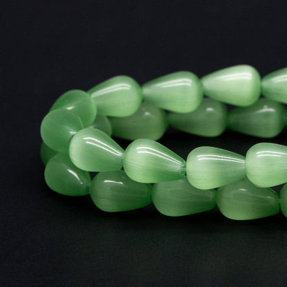 28pcs Green Smooth Teardrop Cat's Eye Beads, 8x12mm, For Jewelry Making (TR-075)