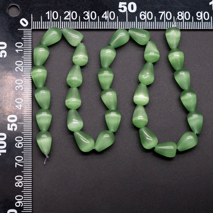 28pcs Green Smooth Teardrop Cat's Eye Beads, 8x12mm, For Jewelry Making (TR-075)
