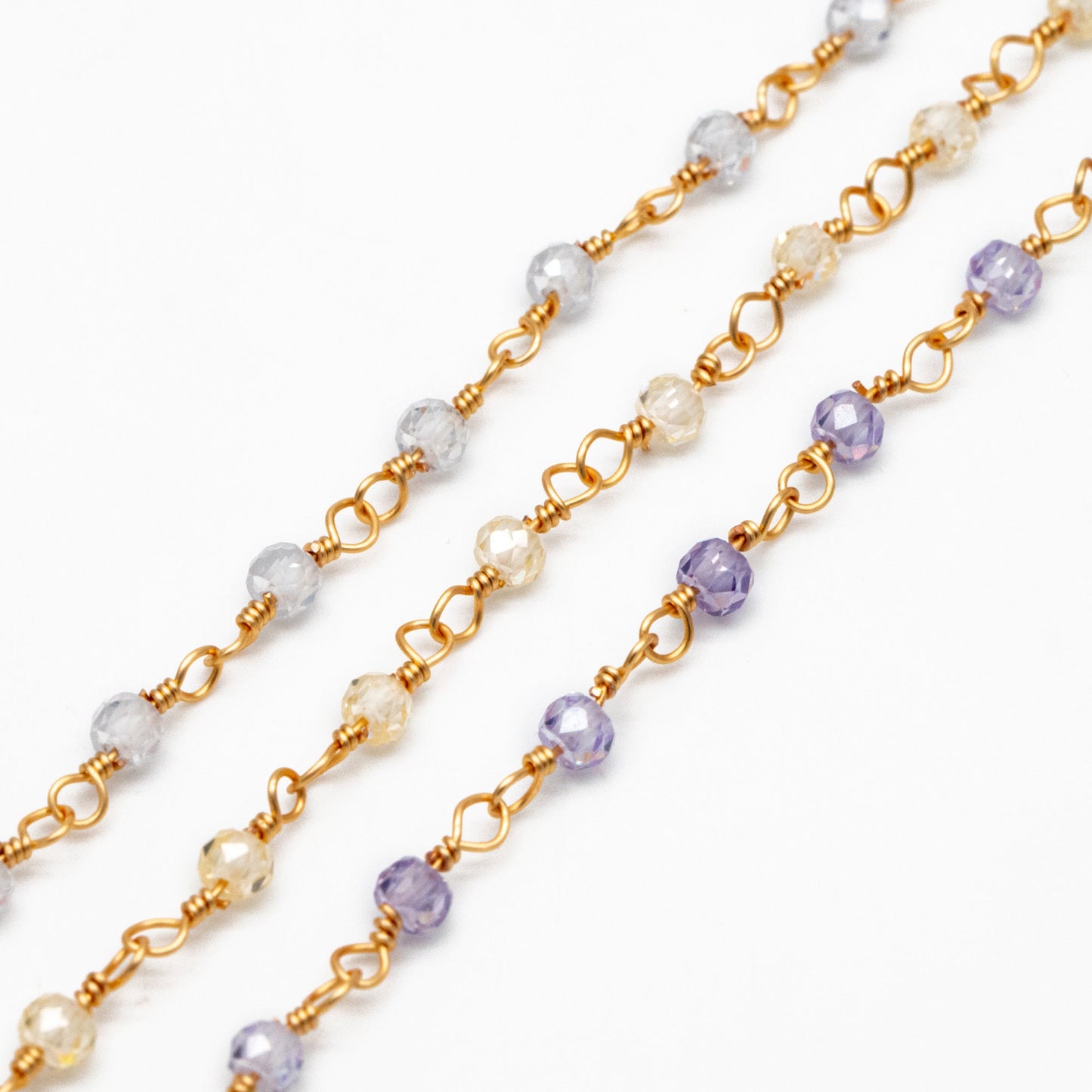 Gemstone CZ Beaded Chain, Cubic Zirconia Chains, 2.5mm Chain with 3mm Quartz Beads (#LK-603)/ 1 Meter=3.3ft