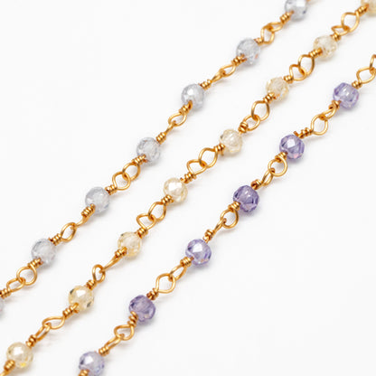 Gemstone CZ Beaded Chain, Cubic Zirconia Chains, 2.5mm Chain with 3mm Quartz Beads (#LK-603)/ 1 Meter=3.3ft