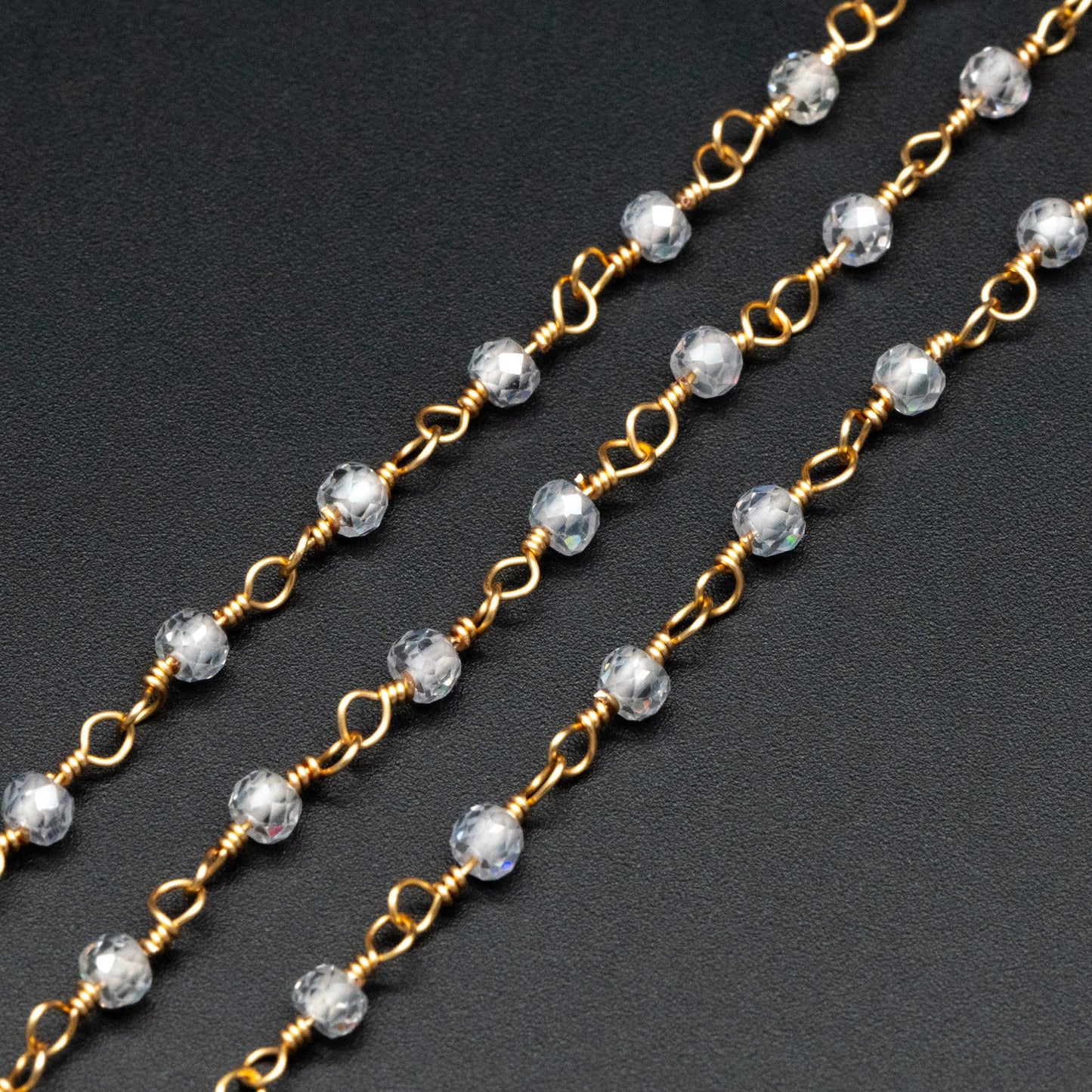 Gemstone CZ Beaded Chain, Cubic Zirconia Chains, 2.5mm Chain with 3mm Quartz Beads (#LK-603)/ 1 Meter=3.3ft