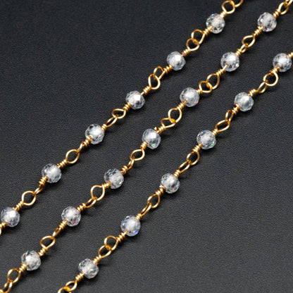 Gemstone CZ Beaded Chain, Cubic Zirconia Chains, 2.5mm Chain with 3mm Quartz Beads (#LK-603)/ 1 Meter=3.3ft