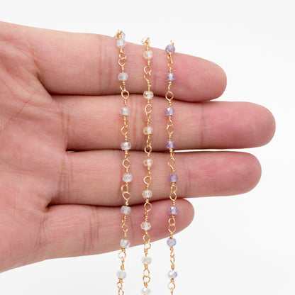 Gemstone CZ Beaded Chain, Cubic Zirconia Chains, 2.5mm Chain with 3mm Quartz Beads (#LK-603)/ 1 Meter=3.3ft