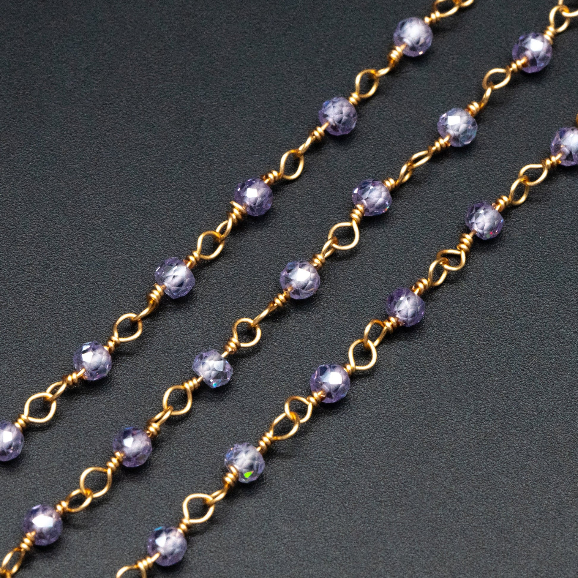 Gemstone CZ Beaded Chain, Cubic Zirconia Chains, 2.5mm Chain with 3mm Quartz Beads (#LK-603)/ 1 Meter=3.3ft