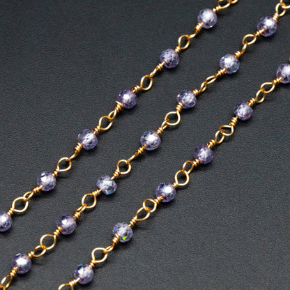 Gemstone CZ Beaded Chain, Cubic Zirconia Chains, 2.5mm Chain with 3mm Quartz Beads (#LK-603)/ 1 Meter=3.3ft