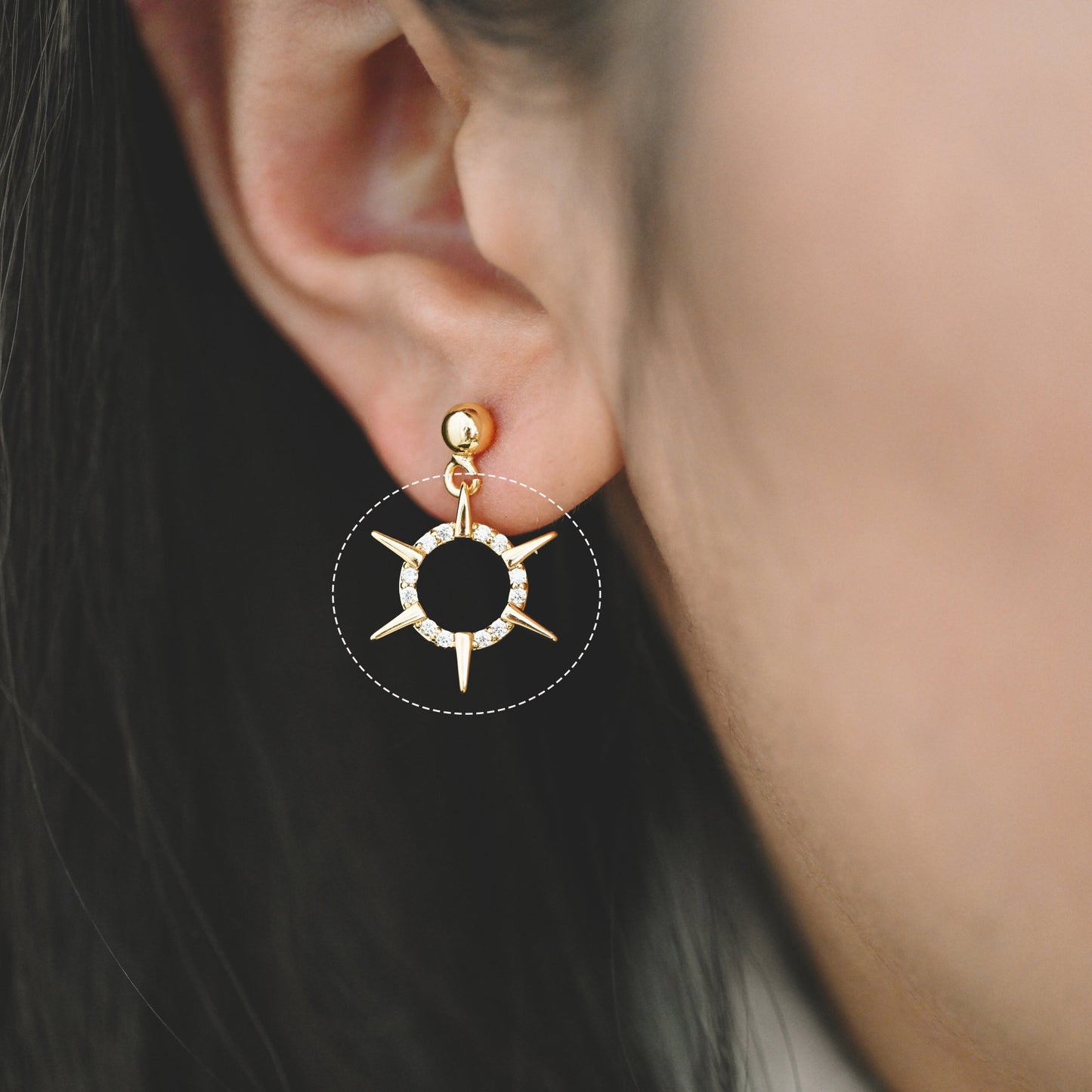 4pcs Gold CZ Spike Circle Charm 16x14mm, Real Gold plated Brass, Jewelry Supply (GB-1311-D)