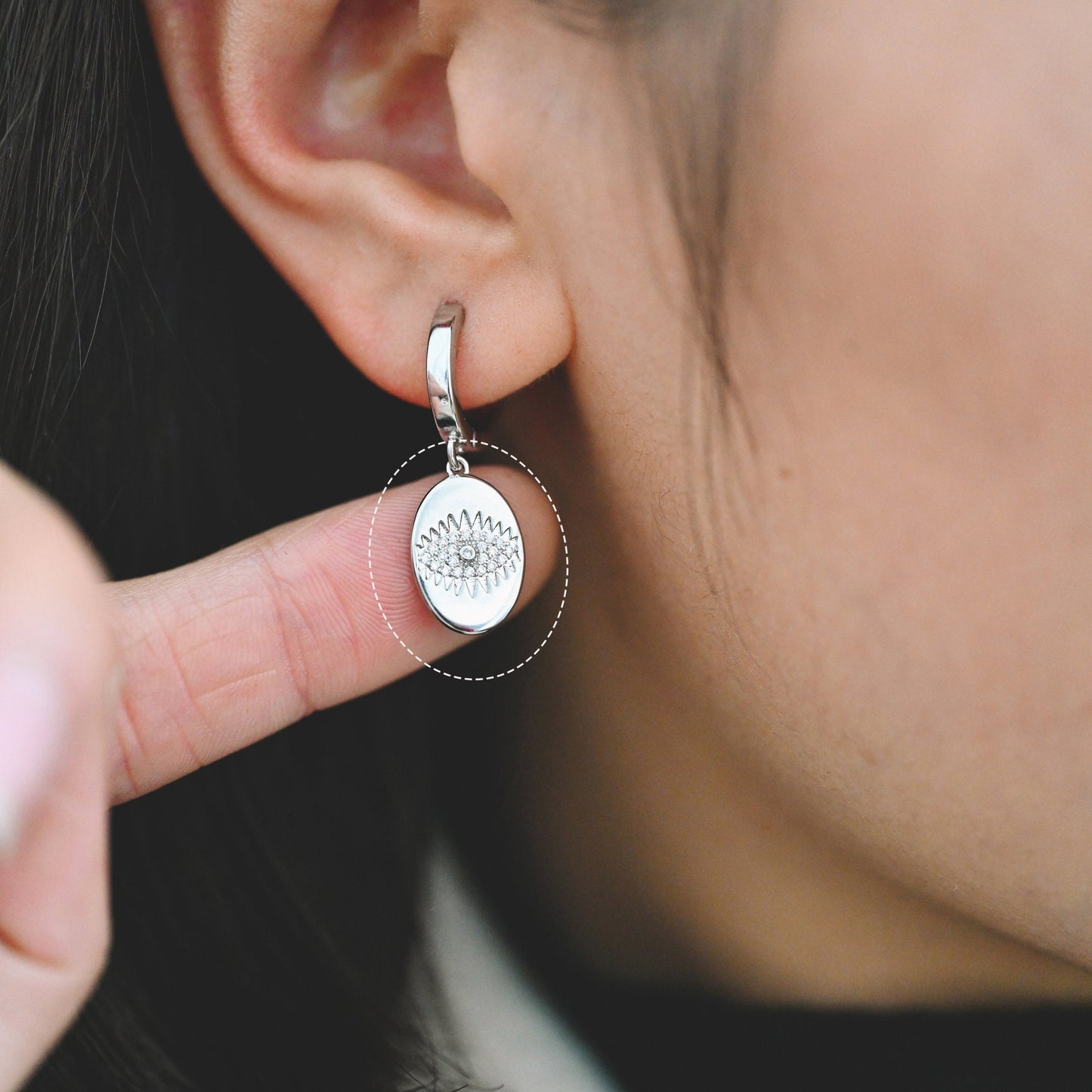 4pcs CZ Pave Silver tone Oval Evil Eye Charm 15.5x10mm, Rhodium plated brass, Evil Eye Pendants (GB-4085-I)