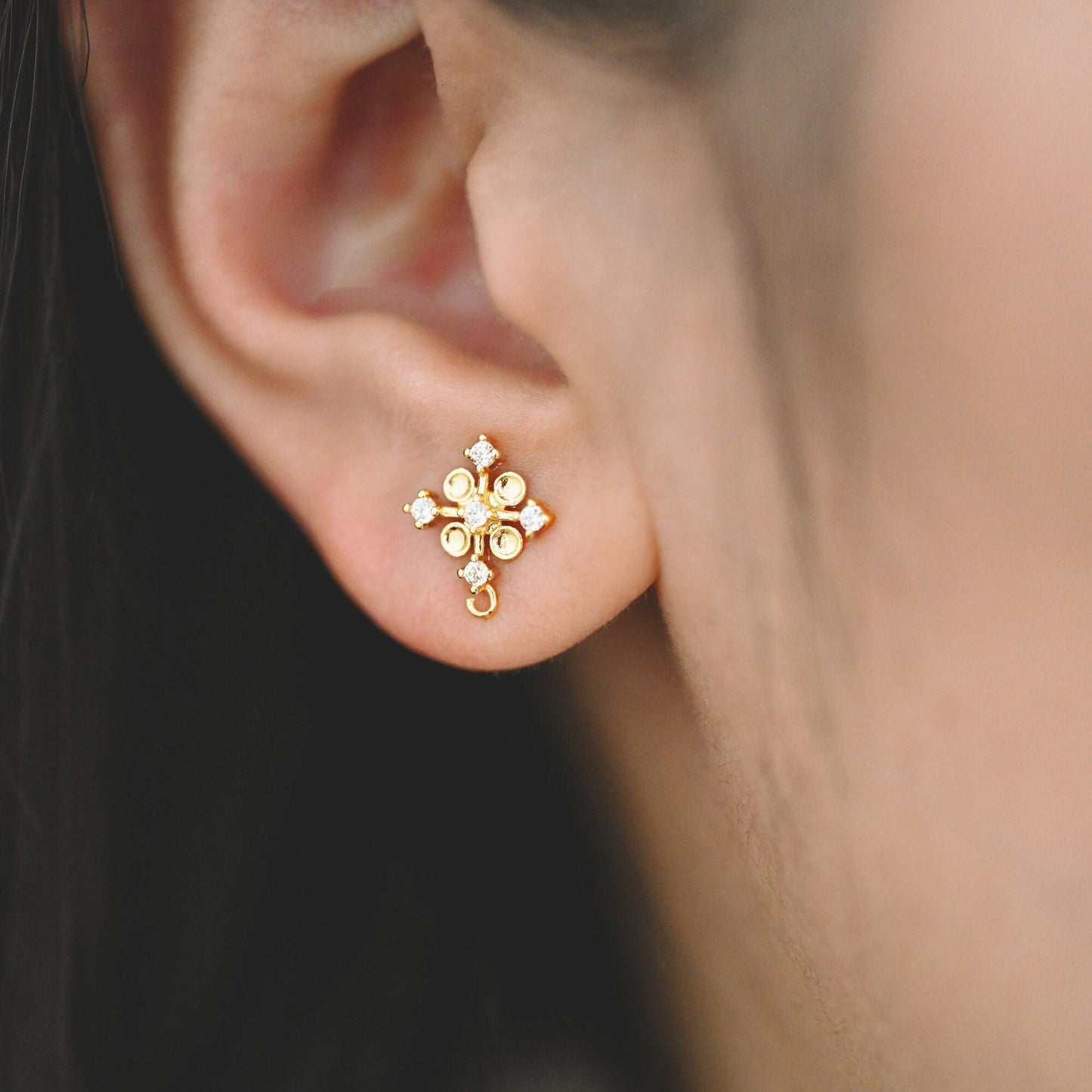 10pcs CZ Pave Cross stud Earring with Loop, 10mm, Flower Earring Studs (#GB-1749)