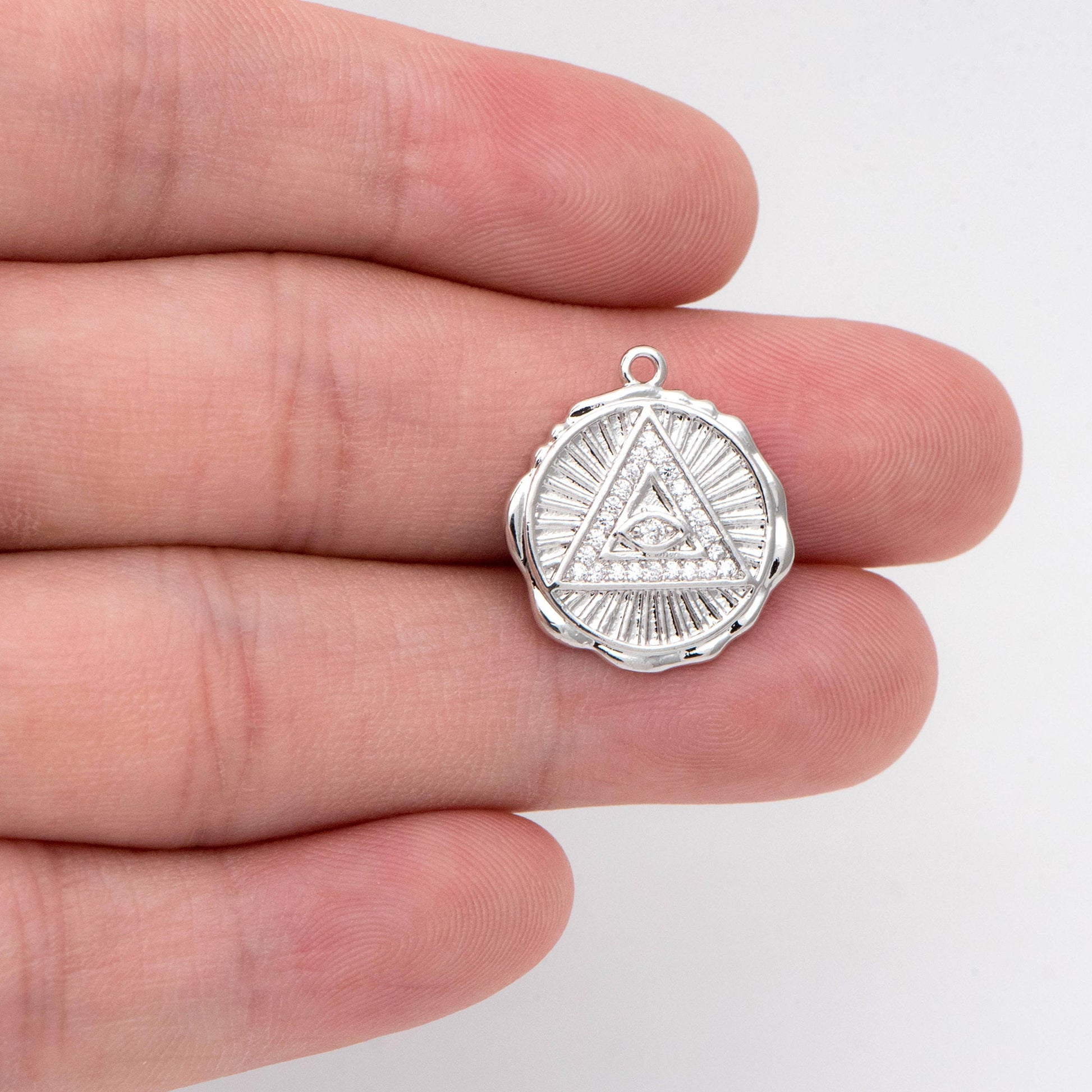 4pcs CZ Pave Gold/ Silver Tone Triangle Evil eye Charm 17mm, Real Gold plated Brass, Round Coin Disk Pendants (GB-4085-G)