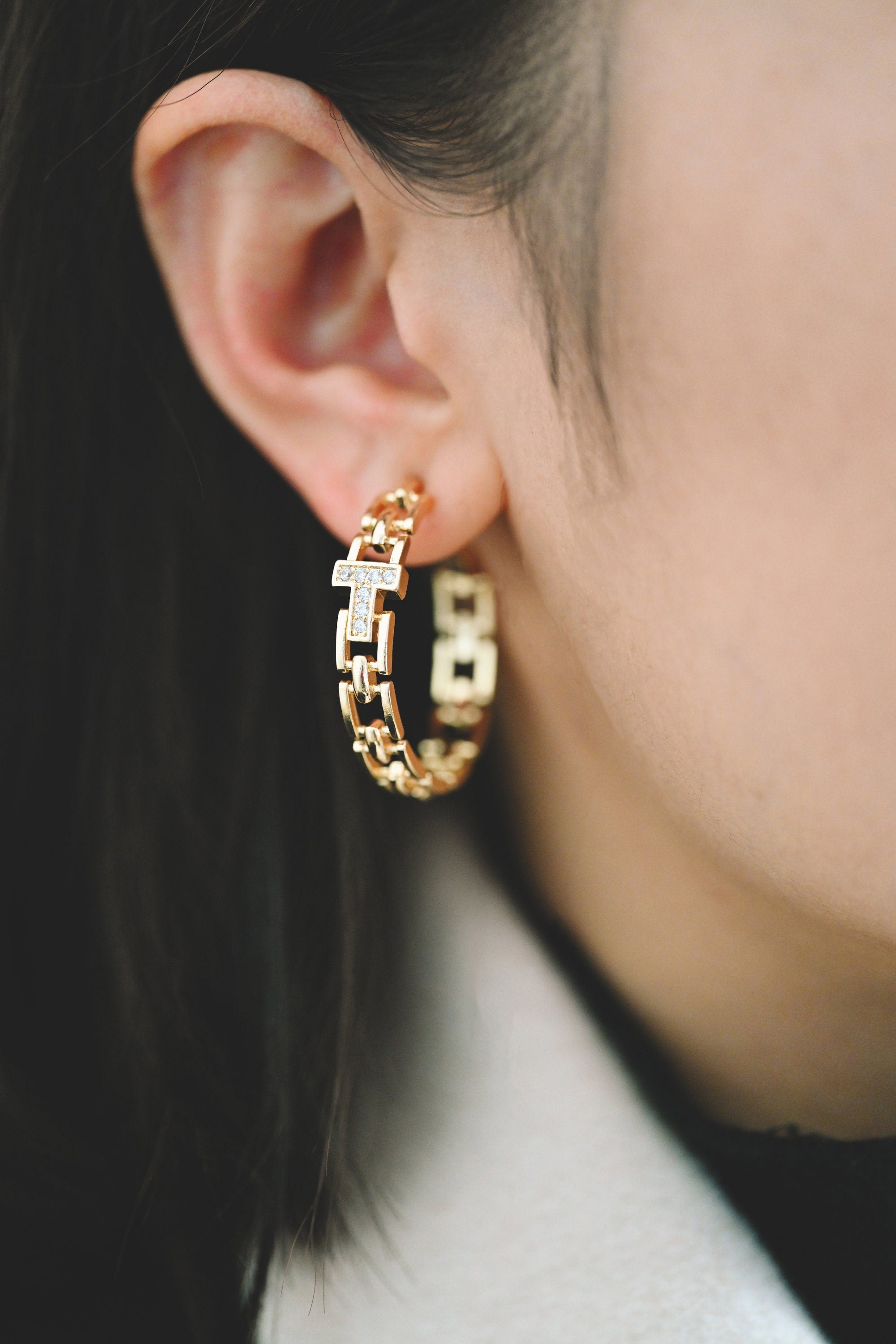 4pcs CZ Pave Chunky Gold Hoops, Chain Hoops, Thick Hoop Earrings, Hoop Earrings (GB-2012)