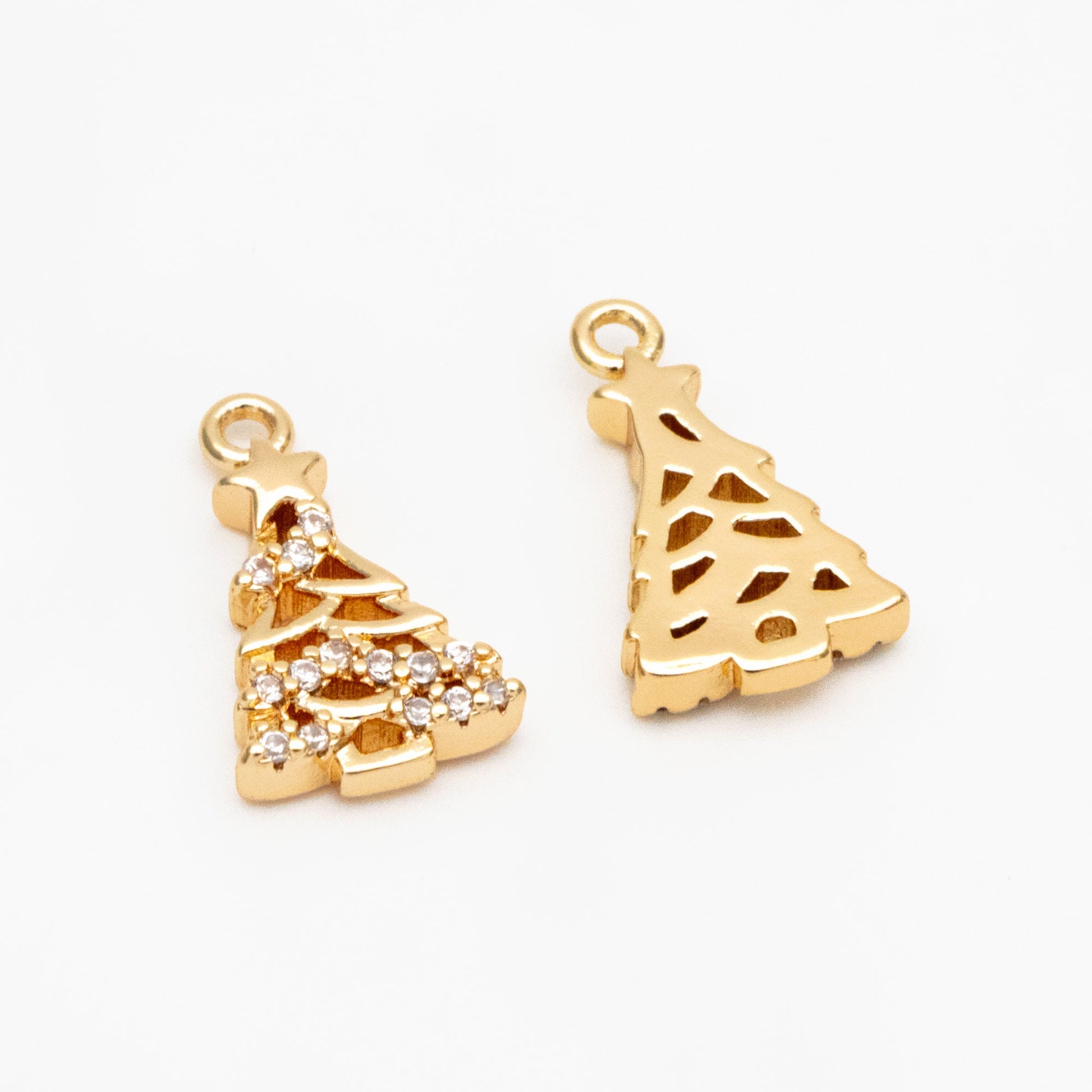 4pcs CZ pave Gold Christmas Tree Charms 13x8mm, 18K Gold plated Brass, Dainty Christmas Tree Pendants (GB-713-D)